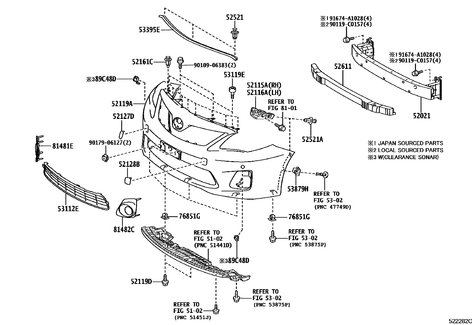 Toyota COROLLA 前保险杠及附件 EPC diagram — 522282G
