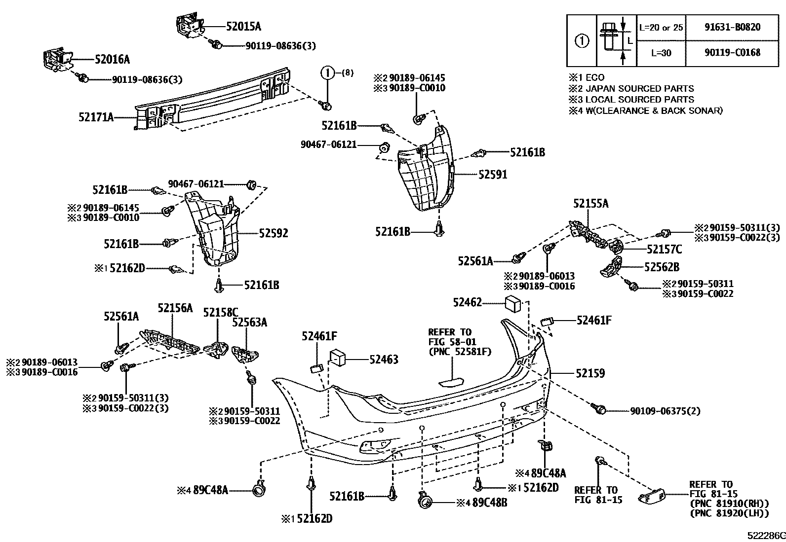 Toyota COROLLA 后保险杠及附件 EPC diagram — 522286G