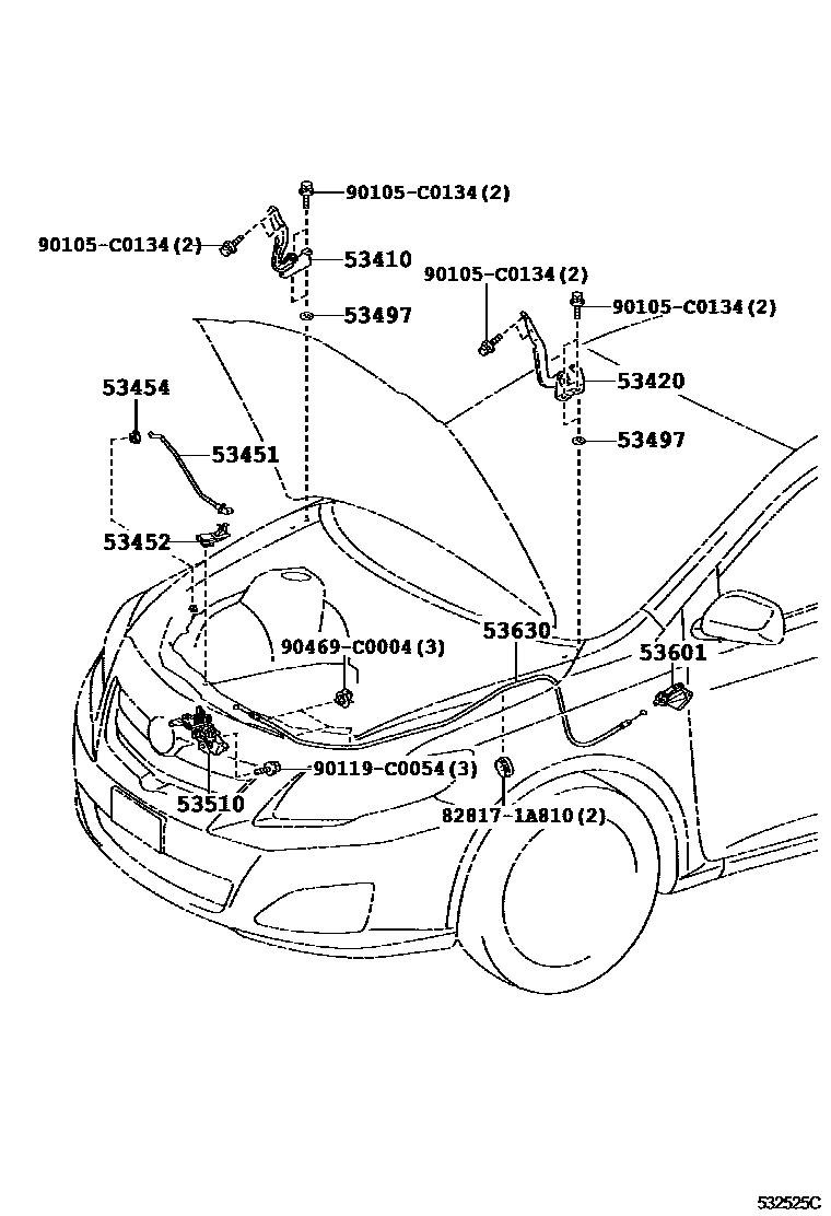 Toyota COROLLA 发动机盖锁和铰链 EPC diagram — 532525C