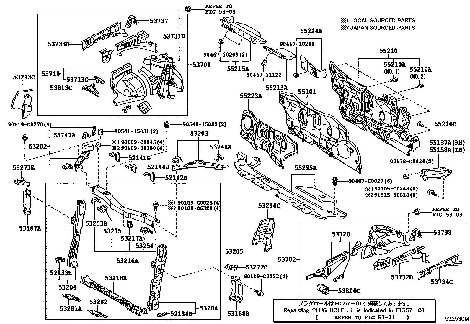 Toyota COROLLA 前翼子板挡泥板和前围板 EPC diagram — 532530M
