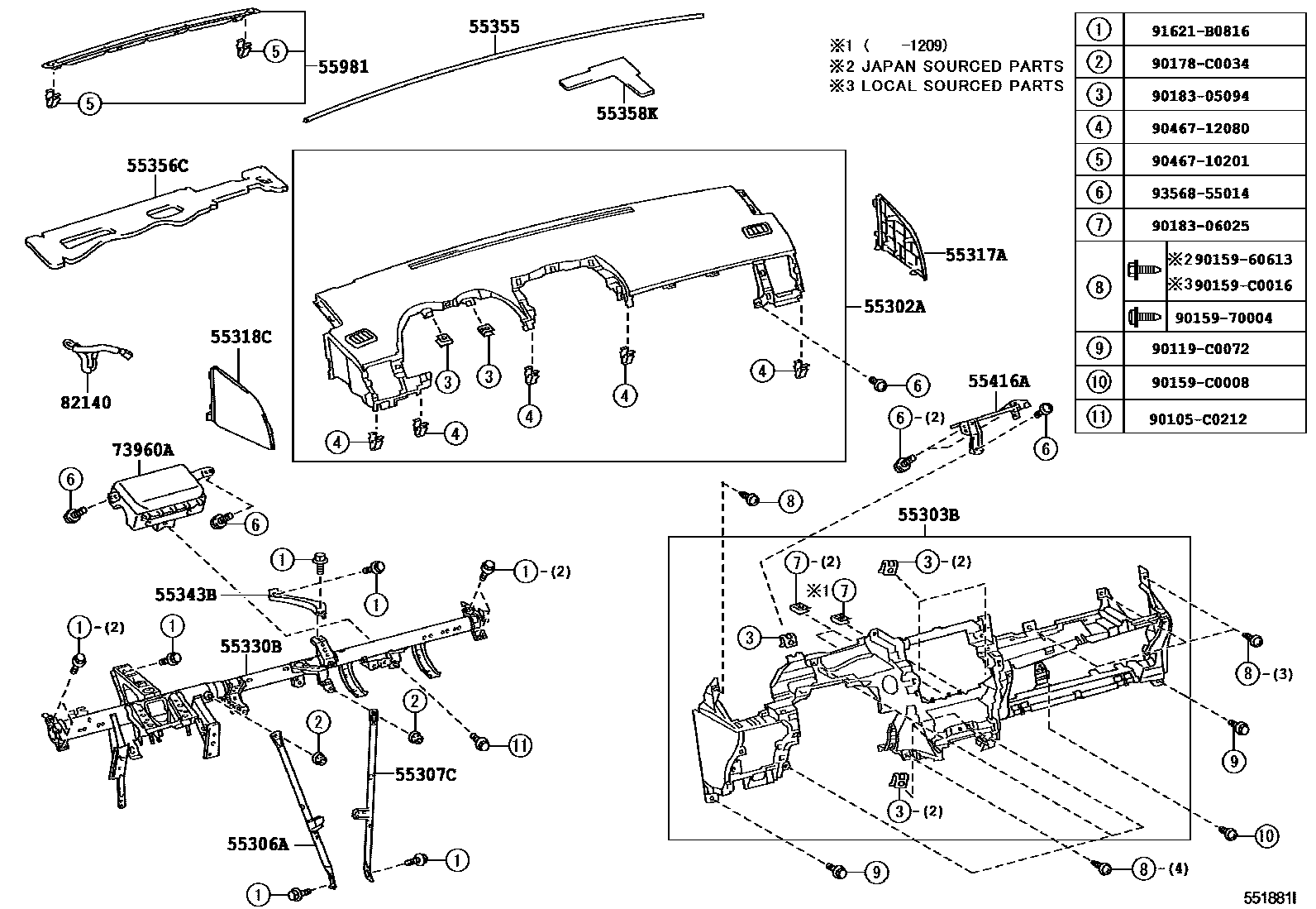 Toyota COROLLA 仪表板和手套箱 EPC diagram — 551881I