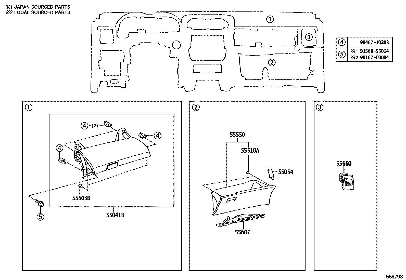 Toyota COROLLA 仪表板和手套箱 EPC diagram — 556798