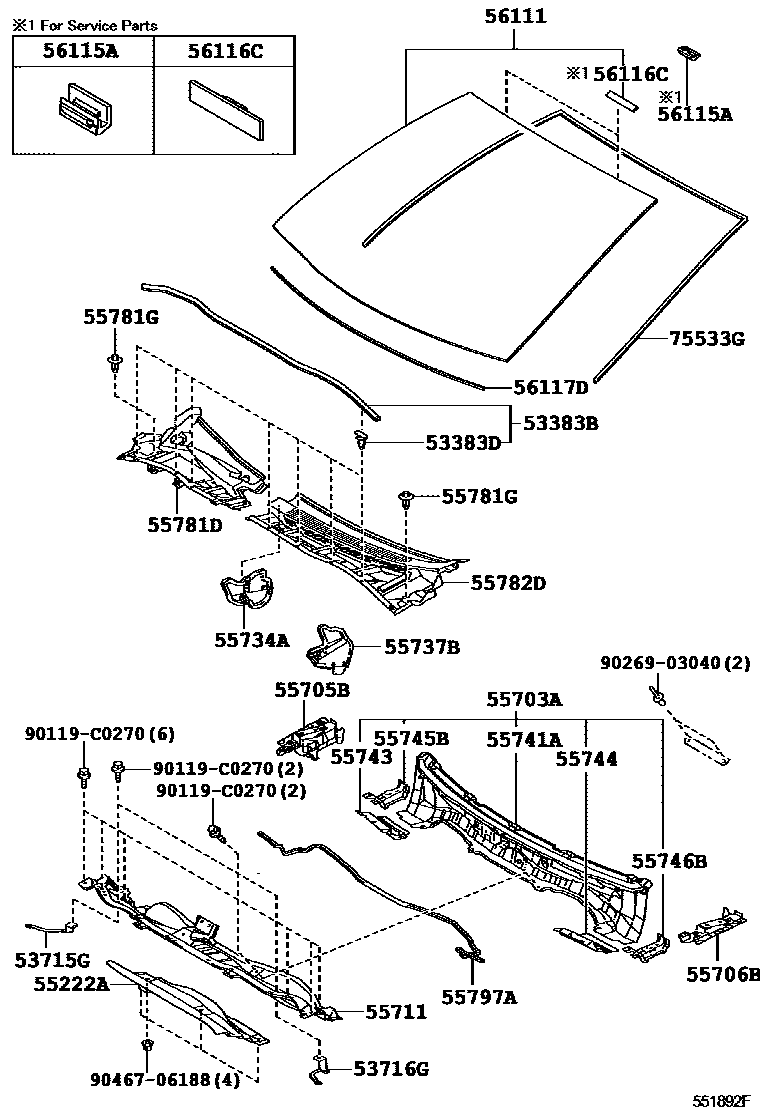 Toyota COROLLA 前围板和挡风玻璃 EPC diagram — 551892F