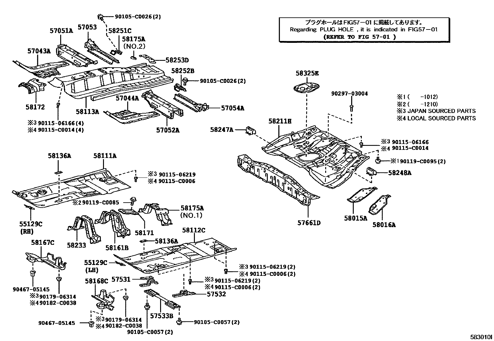 Toyota COROLLA 浅盘形地板和车身下背板 EPC diagram — 583010I