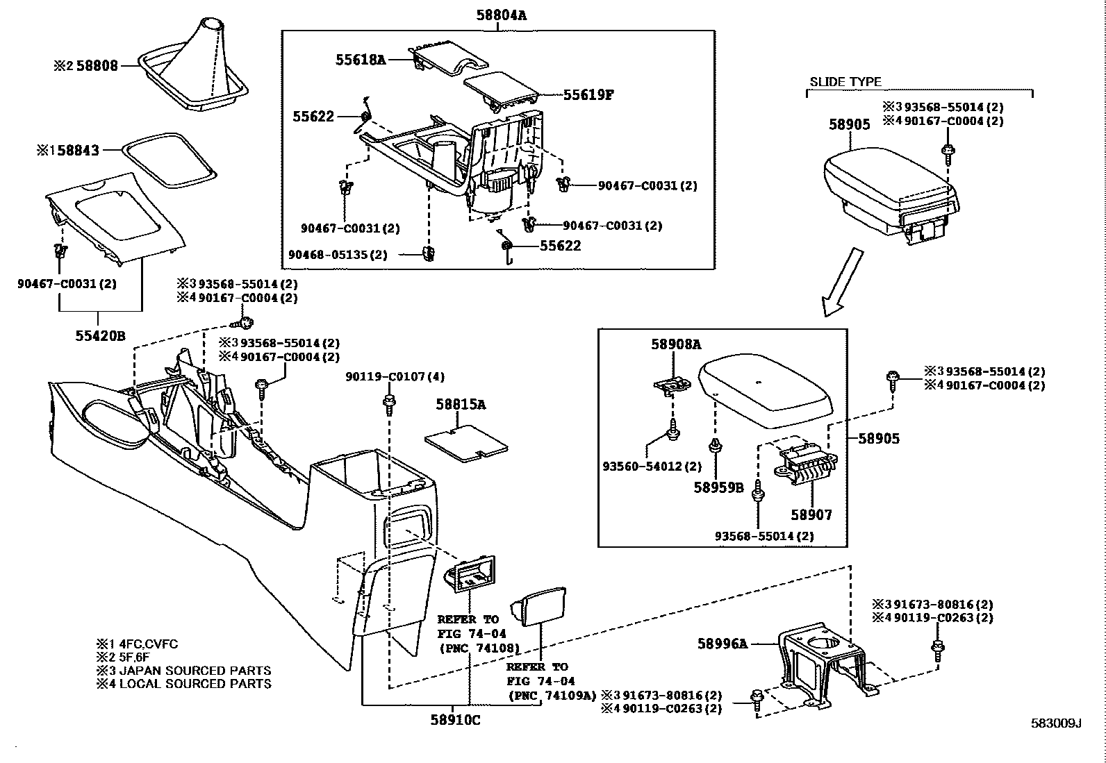 Toyota COROLLA 中央扶手箱和支架 EPC diagram — 583009J