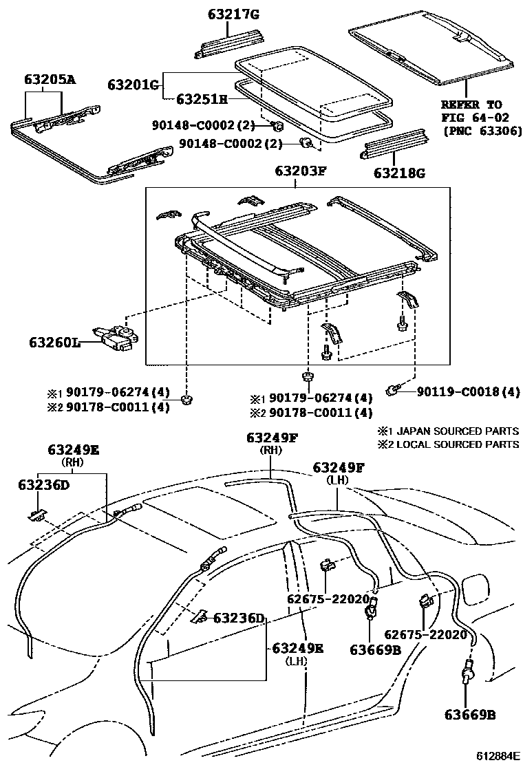 Toyota COROLLA 天窗板和背窗玻璃 EPC diagram — 612884E