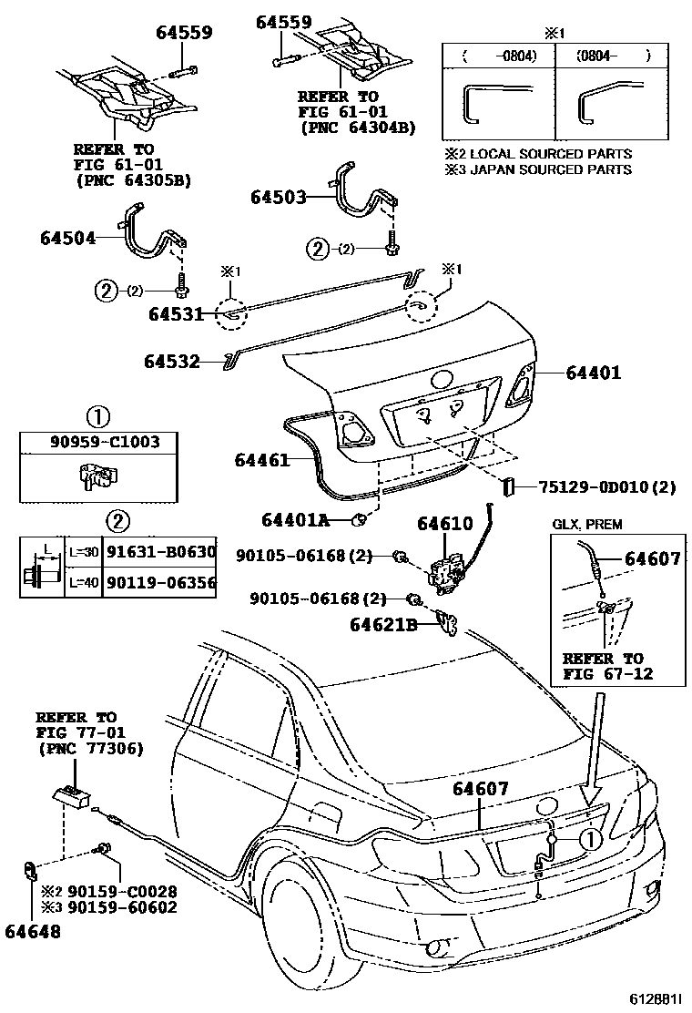 Toyota COROLLA 行李箱门和行李箱锁 EPC diagram — 612881I