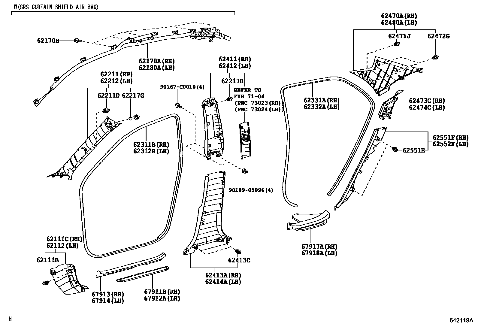 Toyota COROLLA 内饰板和车门防水胶条 EPC diagram — 642119A