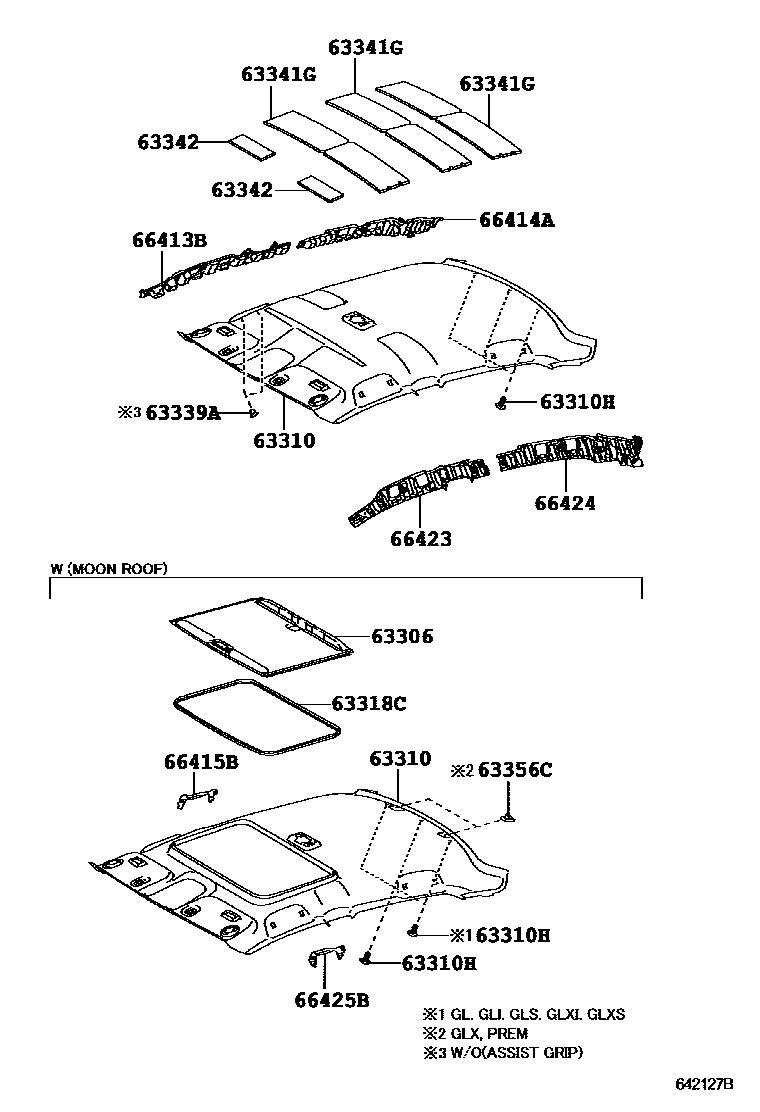 Toyota COROLLA 车顶内衬和消声垫 EPC diagram — 642127B