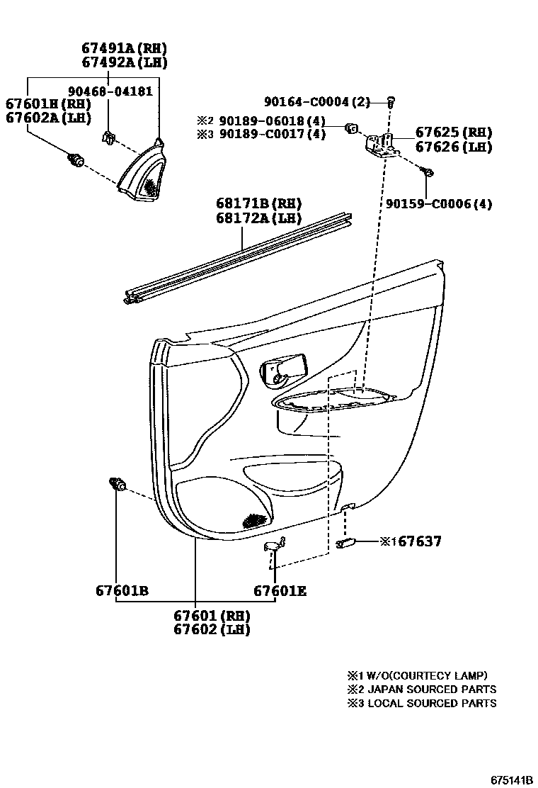 Toyota COROLLA 前门板和前门玻璃 EPC diagram — 675141B