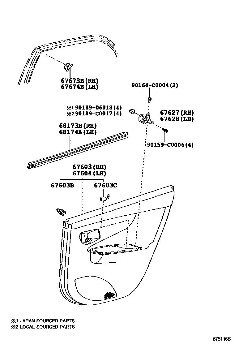 Toyota COROLLA 后门板和后门玻璃 EPC diagram — 675116B