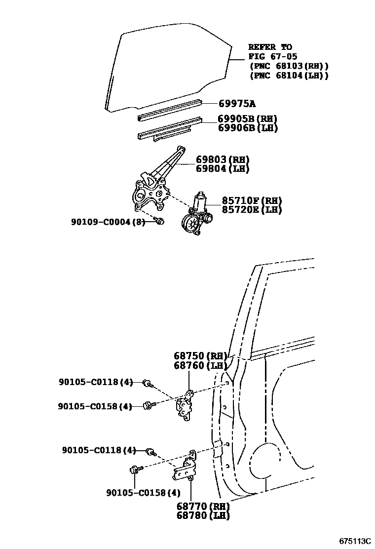 Toyota COROLLA 后门车窗升降器和合页 EPC diagram — 675113C