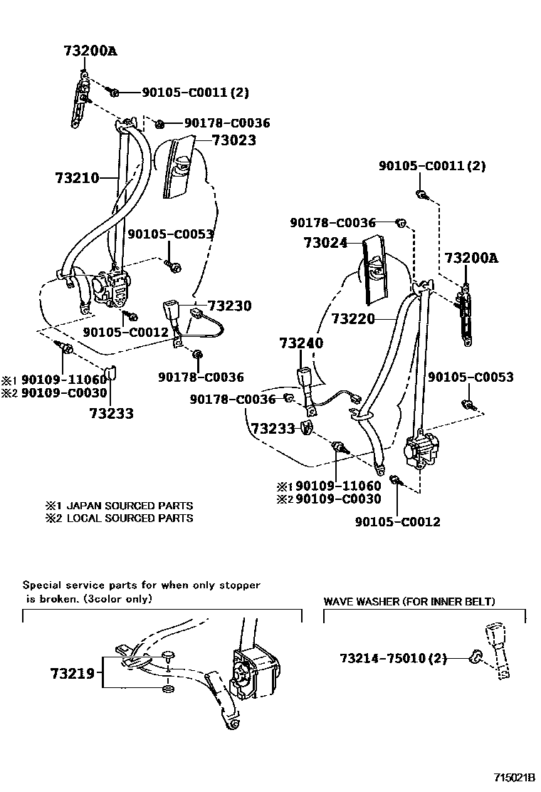 Toyota COROLLA 安全带和儿童保护座椅 EPC diagram — 715021B