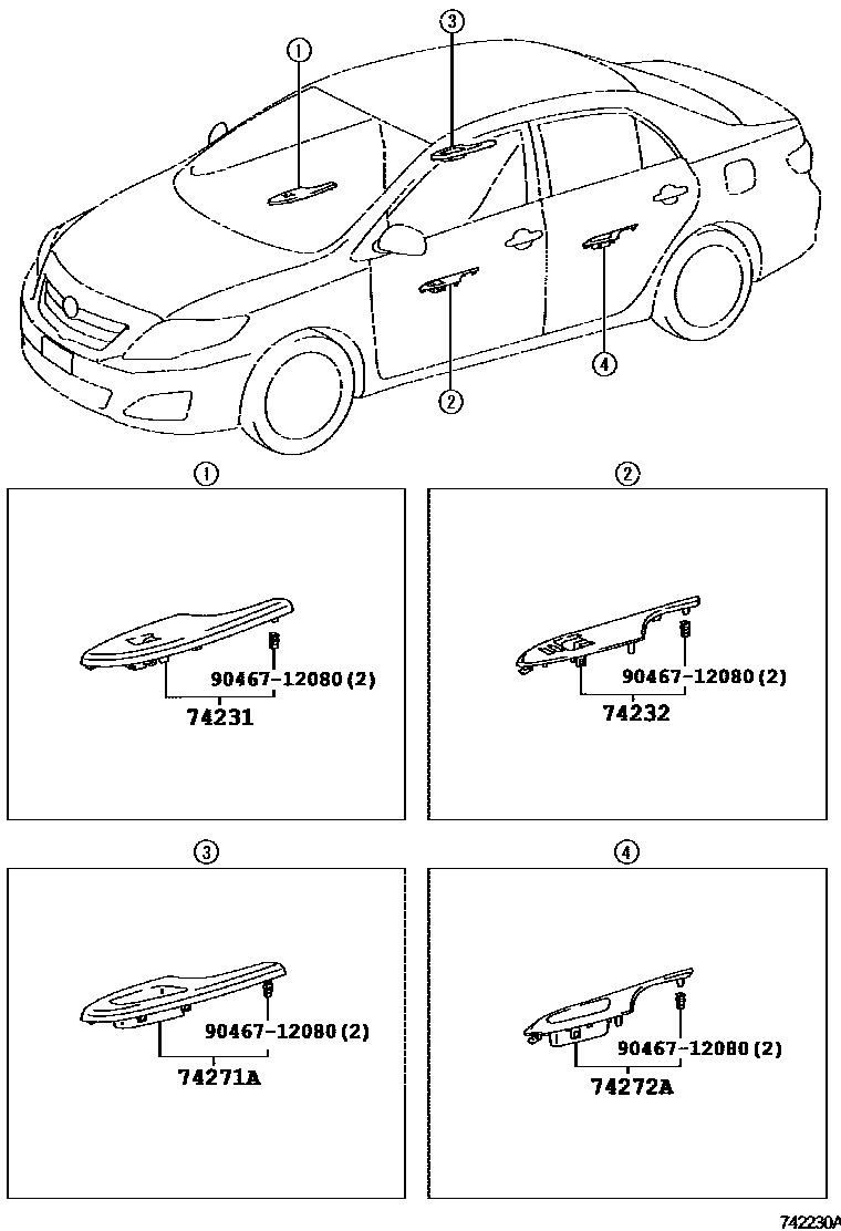 Toyota COROLLA 扶手和遮阳板 EPC diagram — 742230A