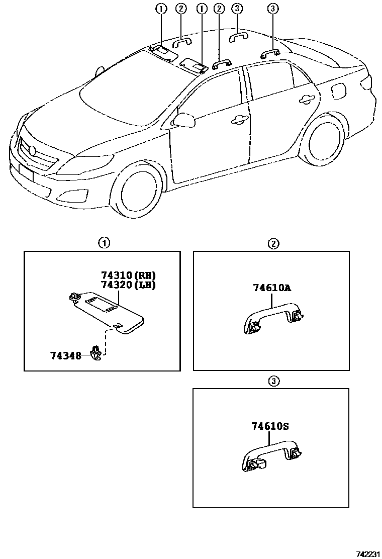 Toyota COROLLA 扶手和遮阳板 EPC diagram — 742231