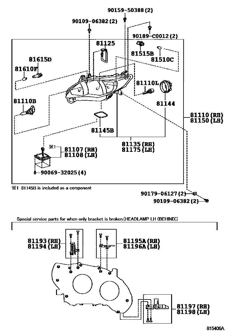 Toyota COROLLA Headlamp EPC diagram — 815406A