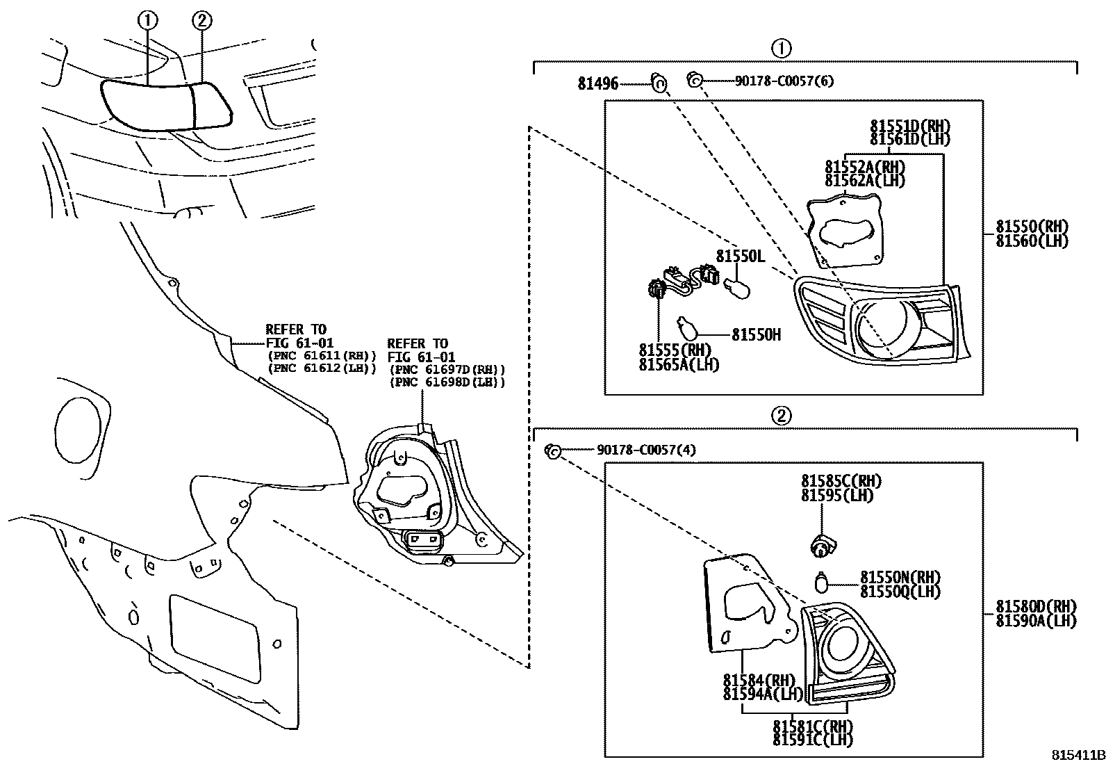 Toyota COROLLA 后组合灯 EPC diagram — 815411B