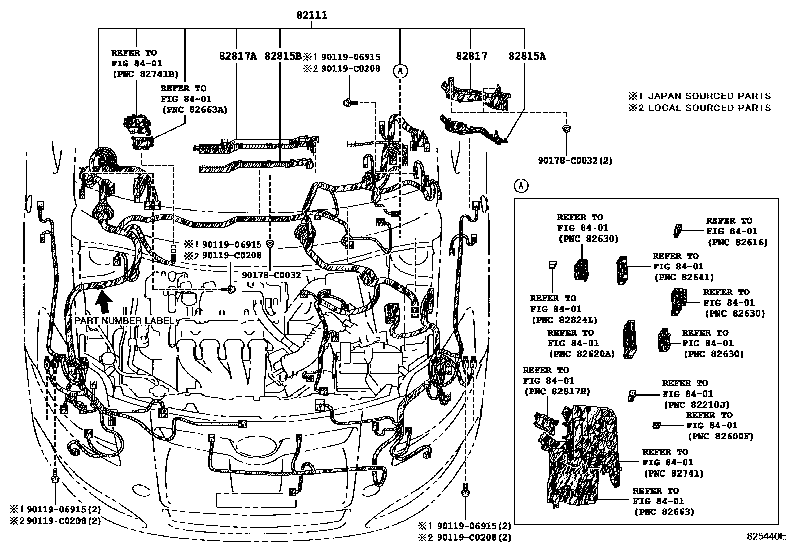 Toyota COROLLA 线束和卡夹 EPC diagram — 825440E