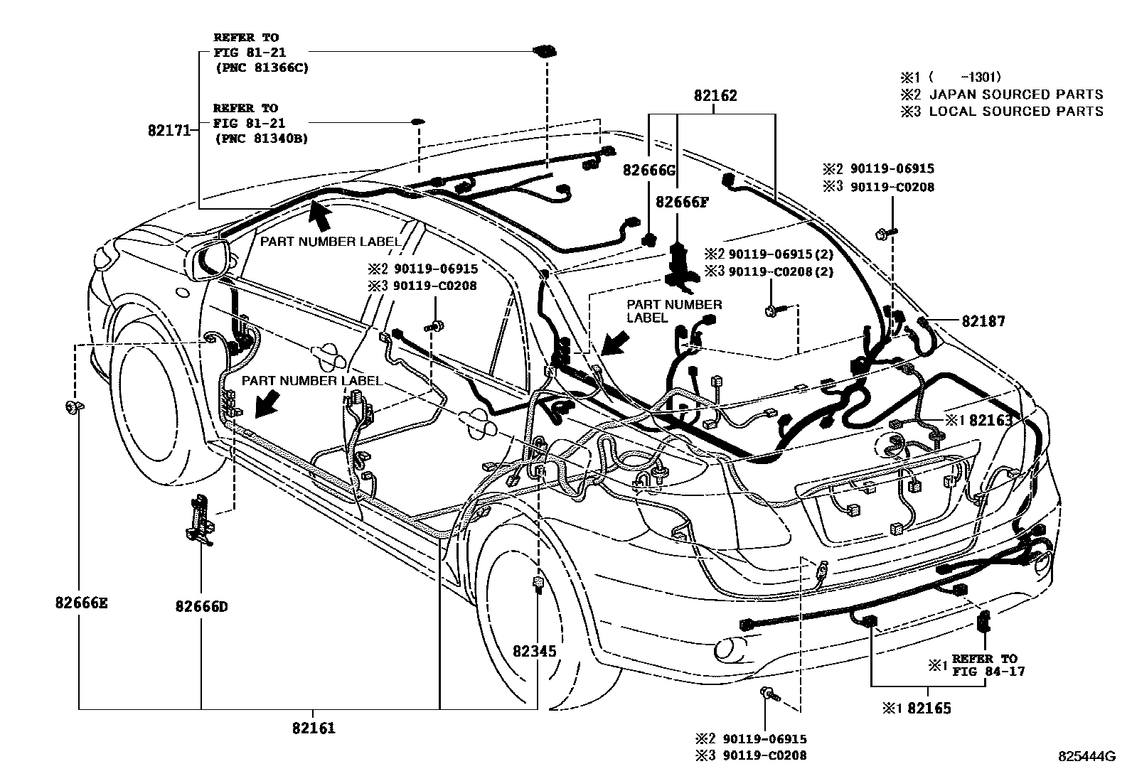 Toyota COROLLA 线束和卡夹 EPC diagram — 825444G