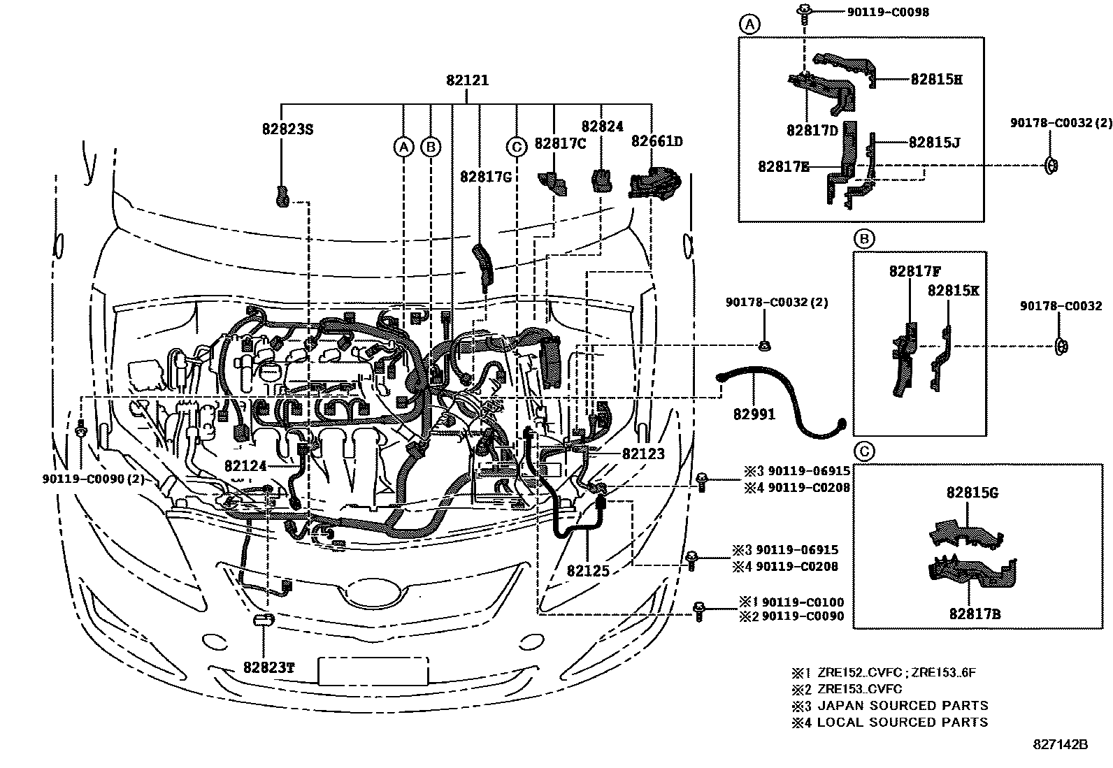 Toyota COROLLA 线束和卡夹 EPC diagram — 827142B