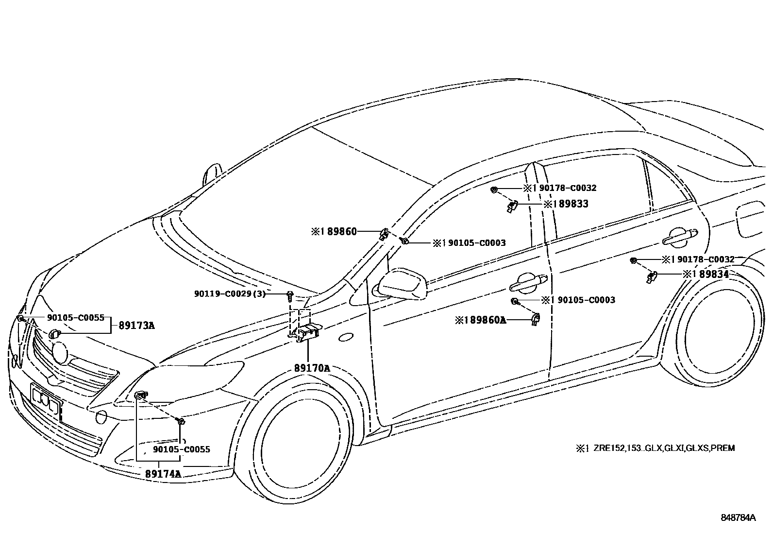 Toyota COROLLA 空气囊 EPC diagram — 848784A
