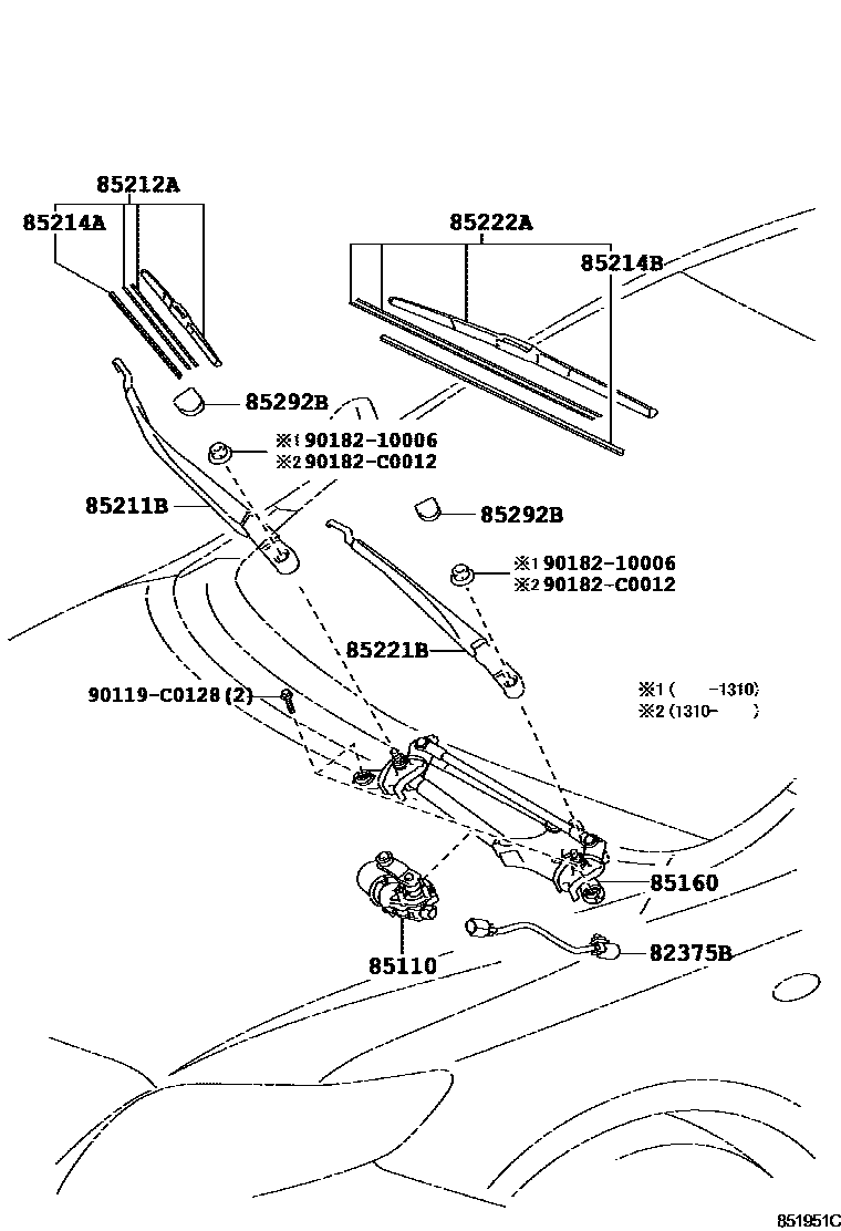 Toyota COROLLA 挡风玻璃刮水器 EPC diagram — 851951C