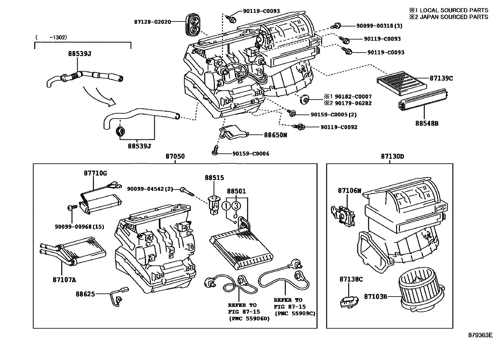 Toyota COROLLA 暖风和空调系统 - 冷却器组件 EPC diagram — 879363E