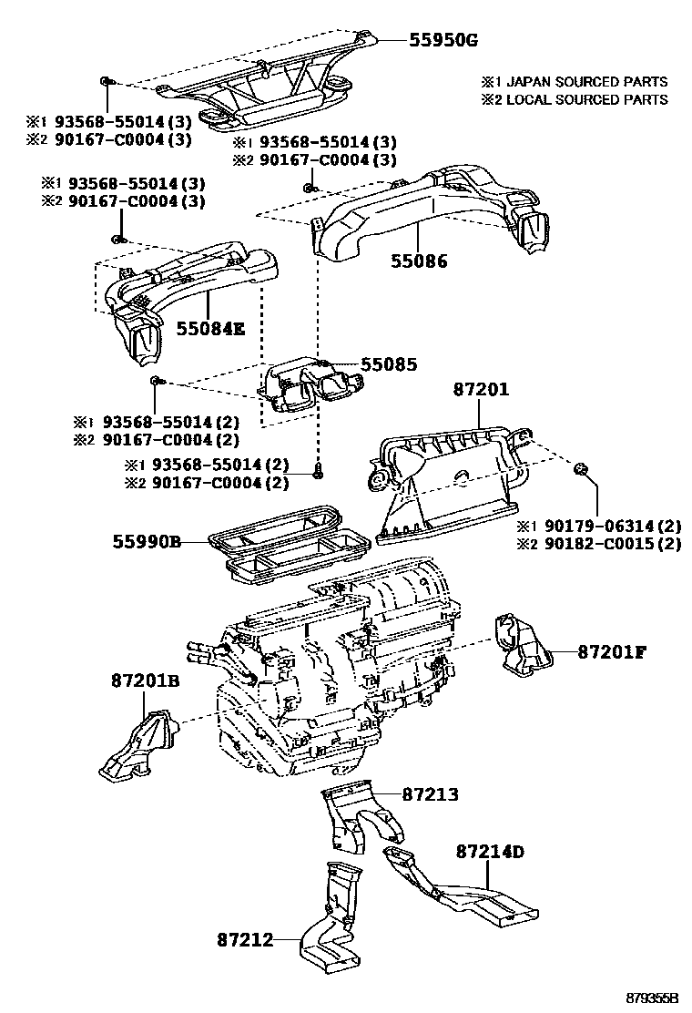 Toyota COROLLA 暖风和空调系统 - 控制器和风管 EPC diagram — 879355B