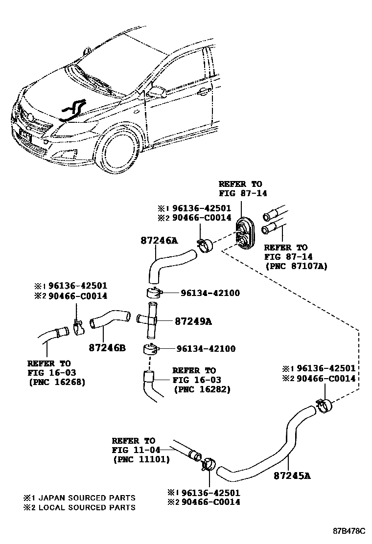 Toyota COROLLA 暖风和空调系统 - 水管 EPC diagram — 87B478C