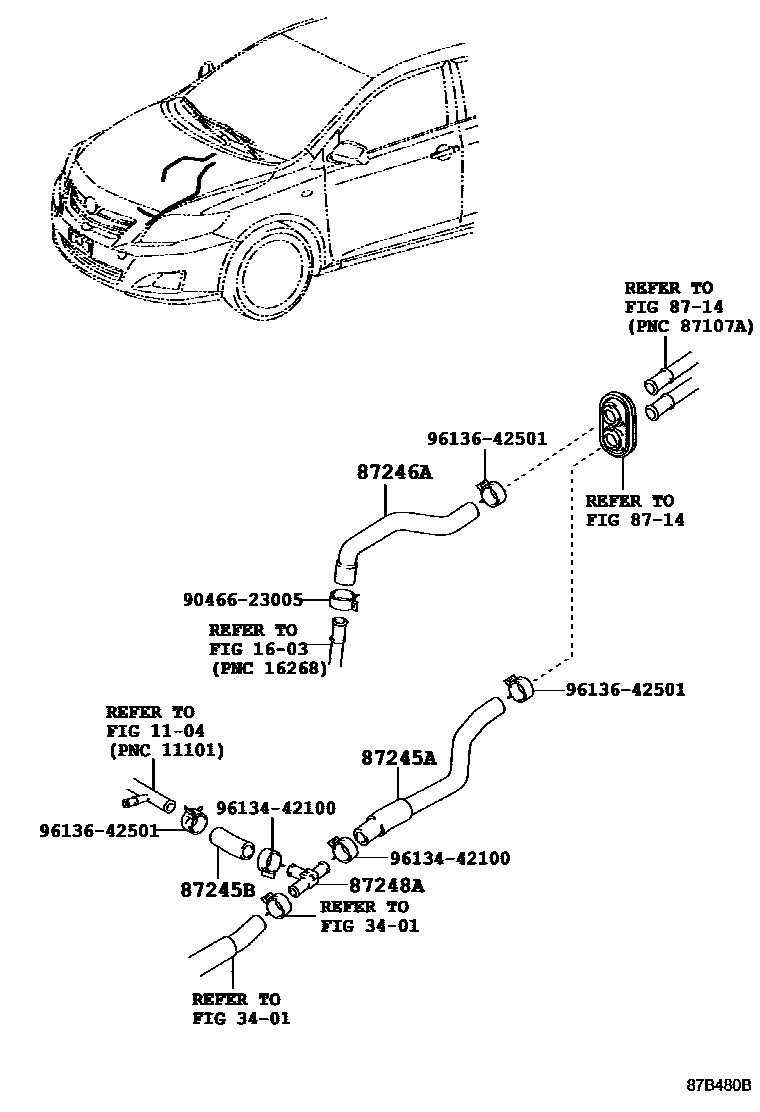 Toyota COROLLA 暖风和空调系统 - 水管 EPC diagram — 87B480B