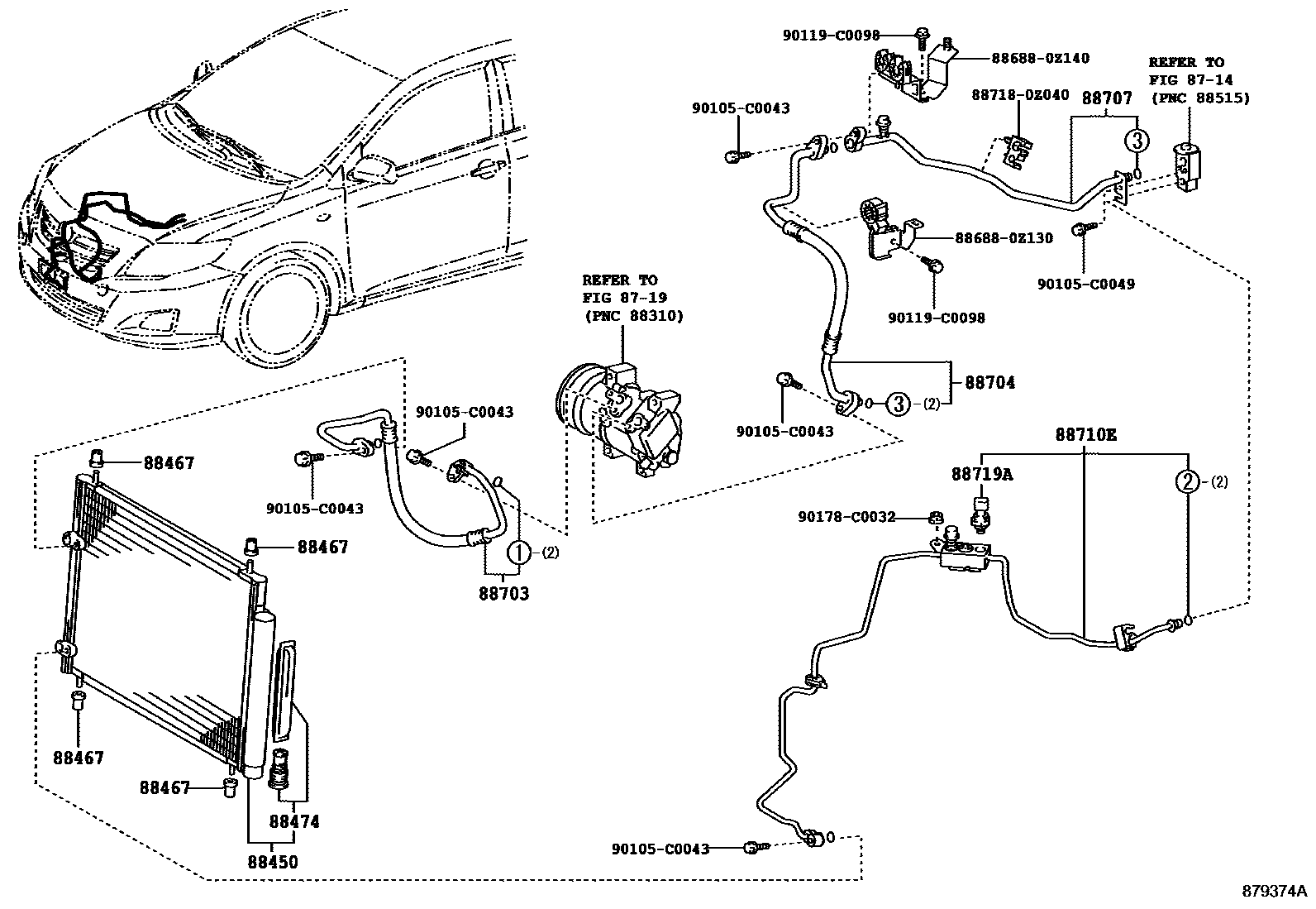 Toyota COROLLA Heating & Air Conditioning - Cooler Piping EPC diagram — 879374A
