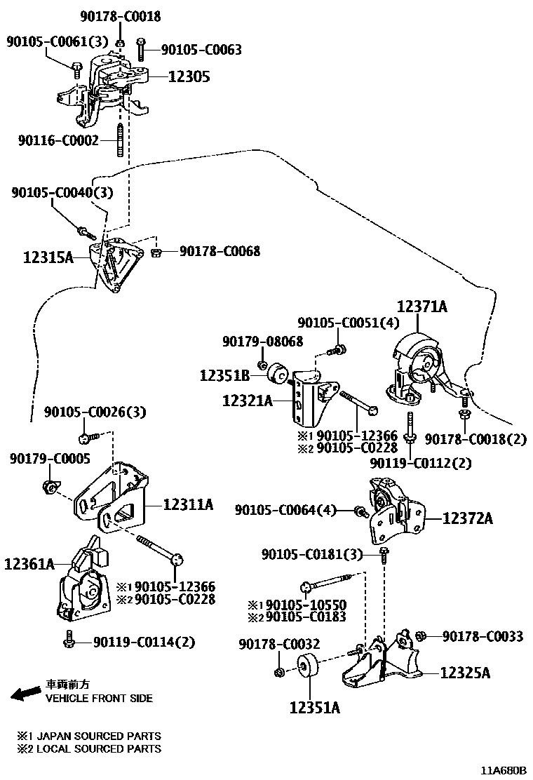 Toyota COROLLA Engine Mounting EPC diagram — 11A680B