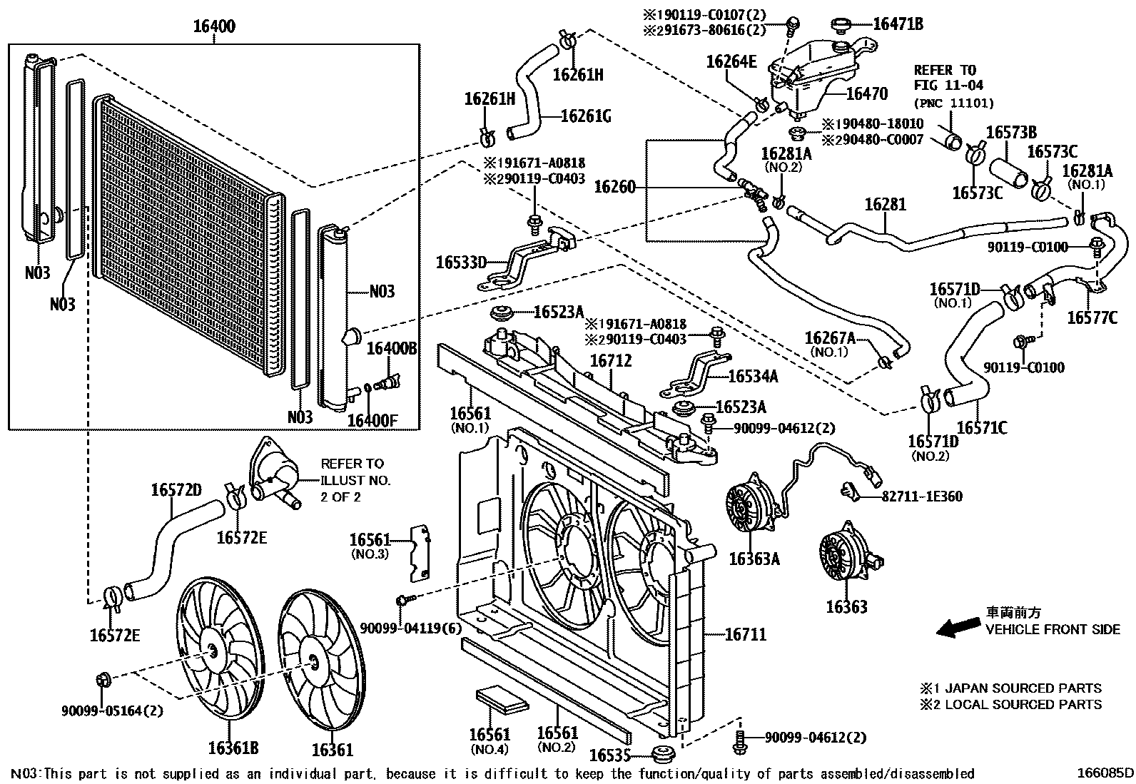 Toyota COROLLA RADIATOR & WATER OUTLET EPC diagram — 166085D