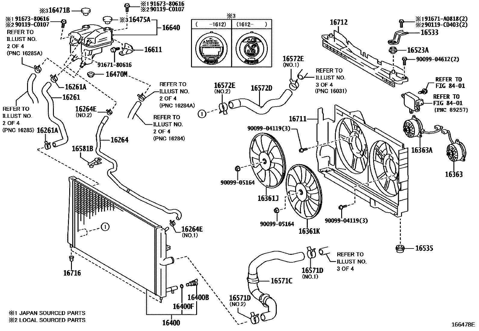 Toyota COROLLA RADIATOR & WATER OUTLET EPC diagram — 166478E
