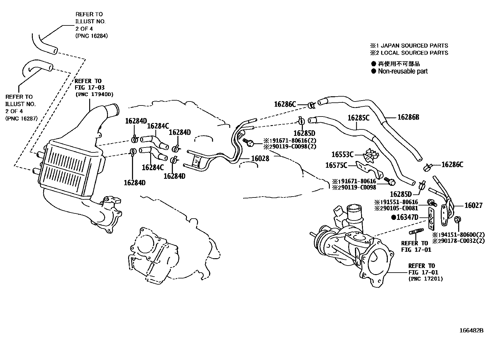 Toyota COROLLA RADIATOR & WATER OUTLET EPC diagram — 166482B