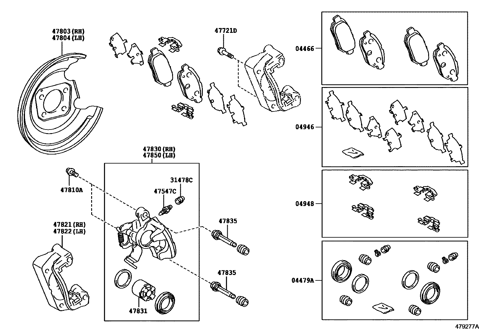 Toyota COROLLA 后盘式制动器卡钳和防尘罩 EPC diagram — 479277A