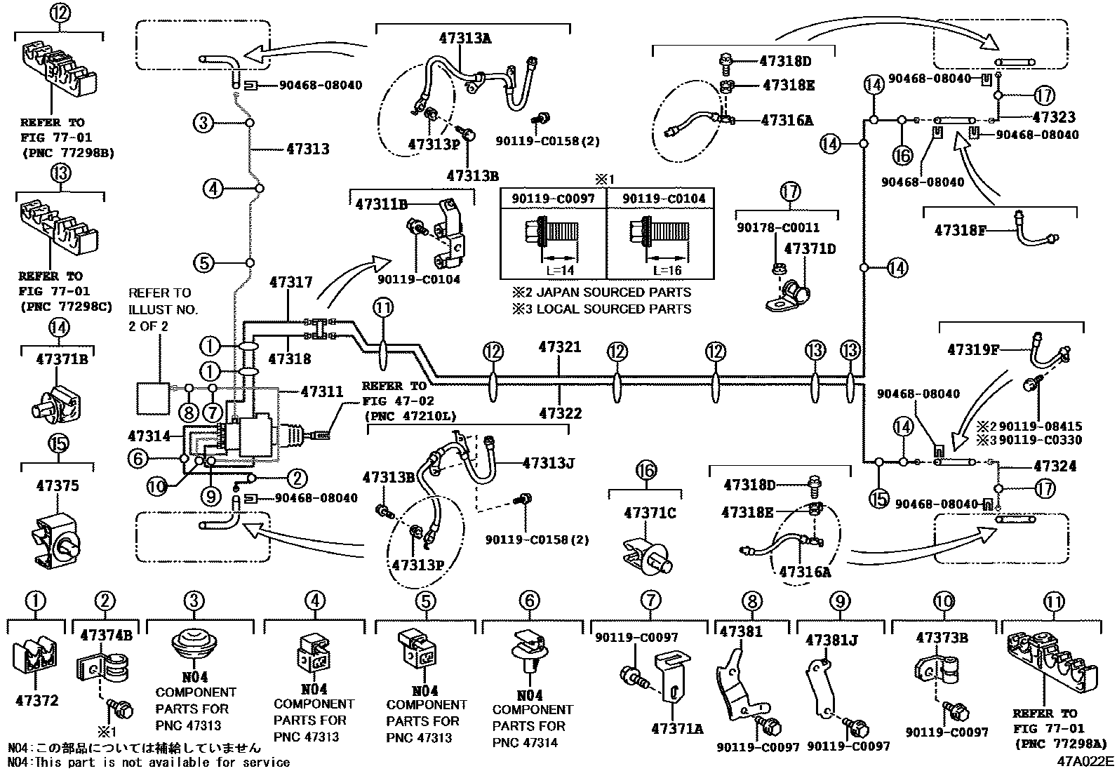 Toyota COROLLA 制动配管和卡箍 EPC diagram — 47A022E