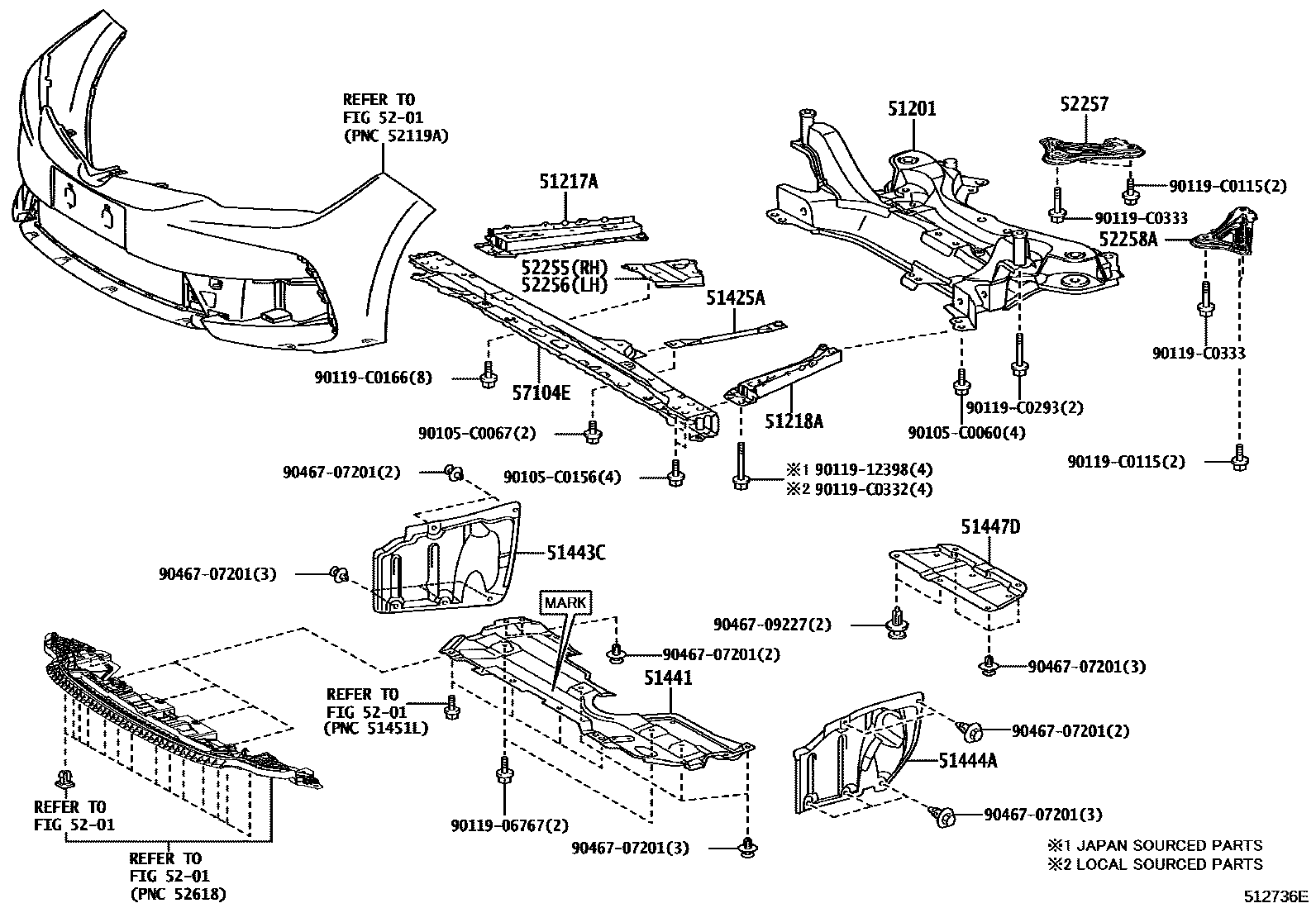 Toyota COROLLA 悬架横梁和发动机底罩 EPC diagram — 512736E
