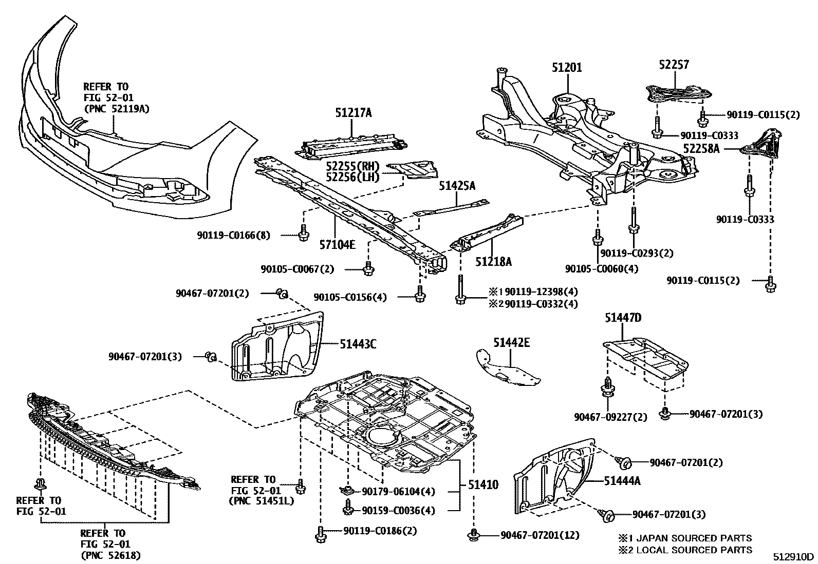 Toyota COROLLA 悬架横梁和发动机底罩 EPC diagram — 512910D