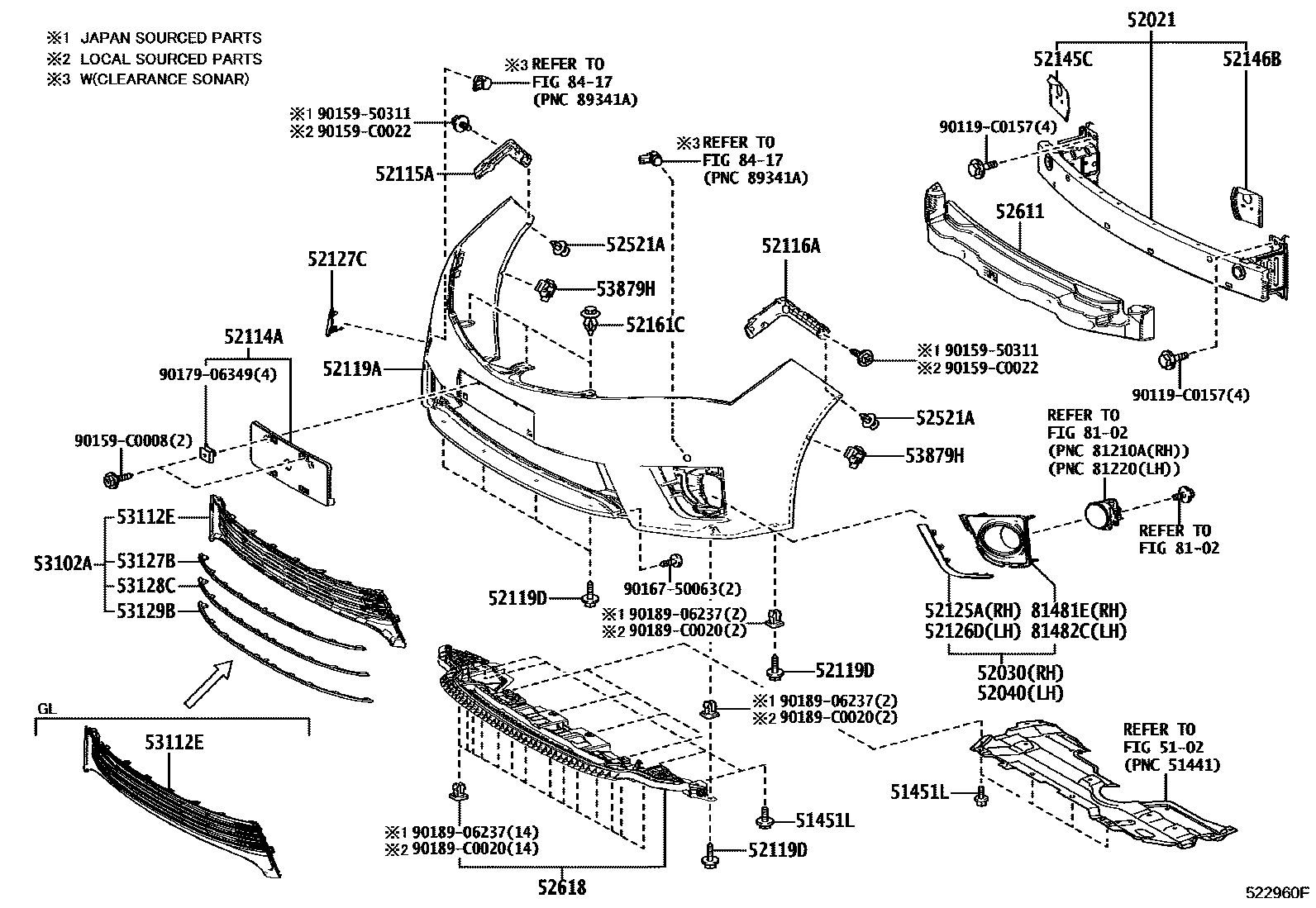 Toyota COROLLA 前保险杠及附件 EPC diagram — 522960G