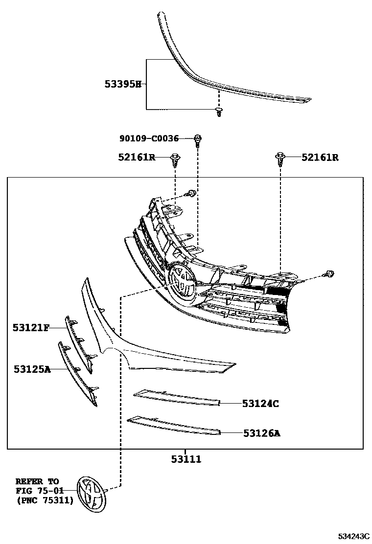 Toyota COROLLA radiator grille EPC diagram — 534243C