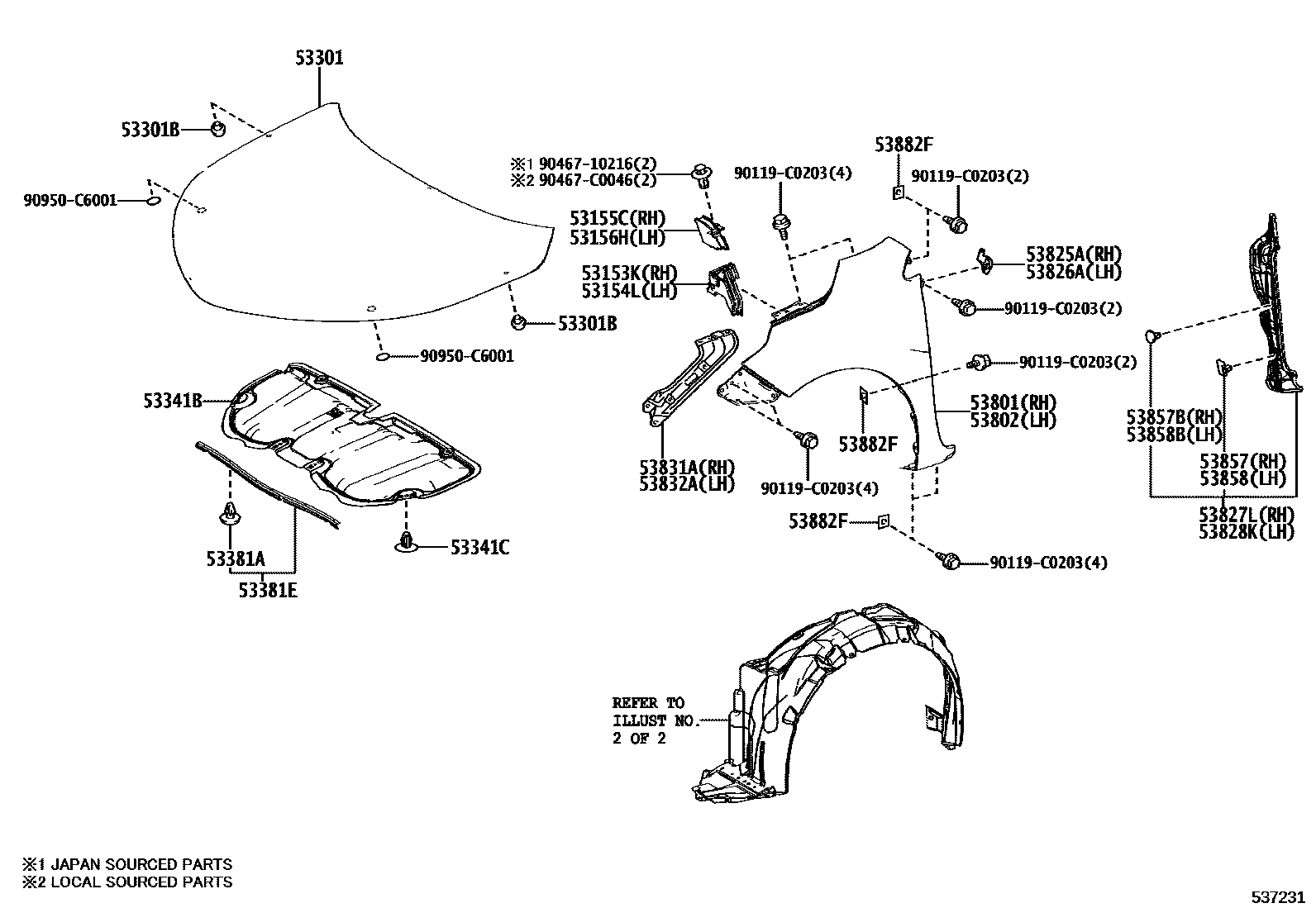 Toyota COROLLA 发动机盖和前翼子板 EPC diagram — 537231