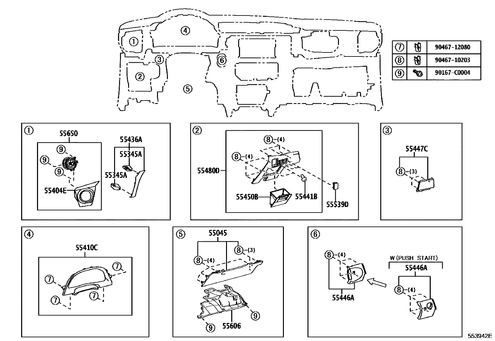 Toyota COROLLA 仪表板和手套箱 EPC diagram — 553942E