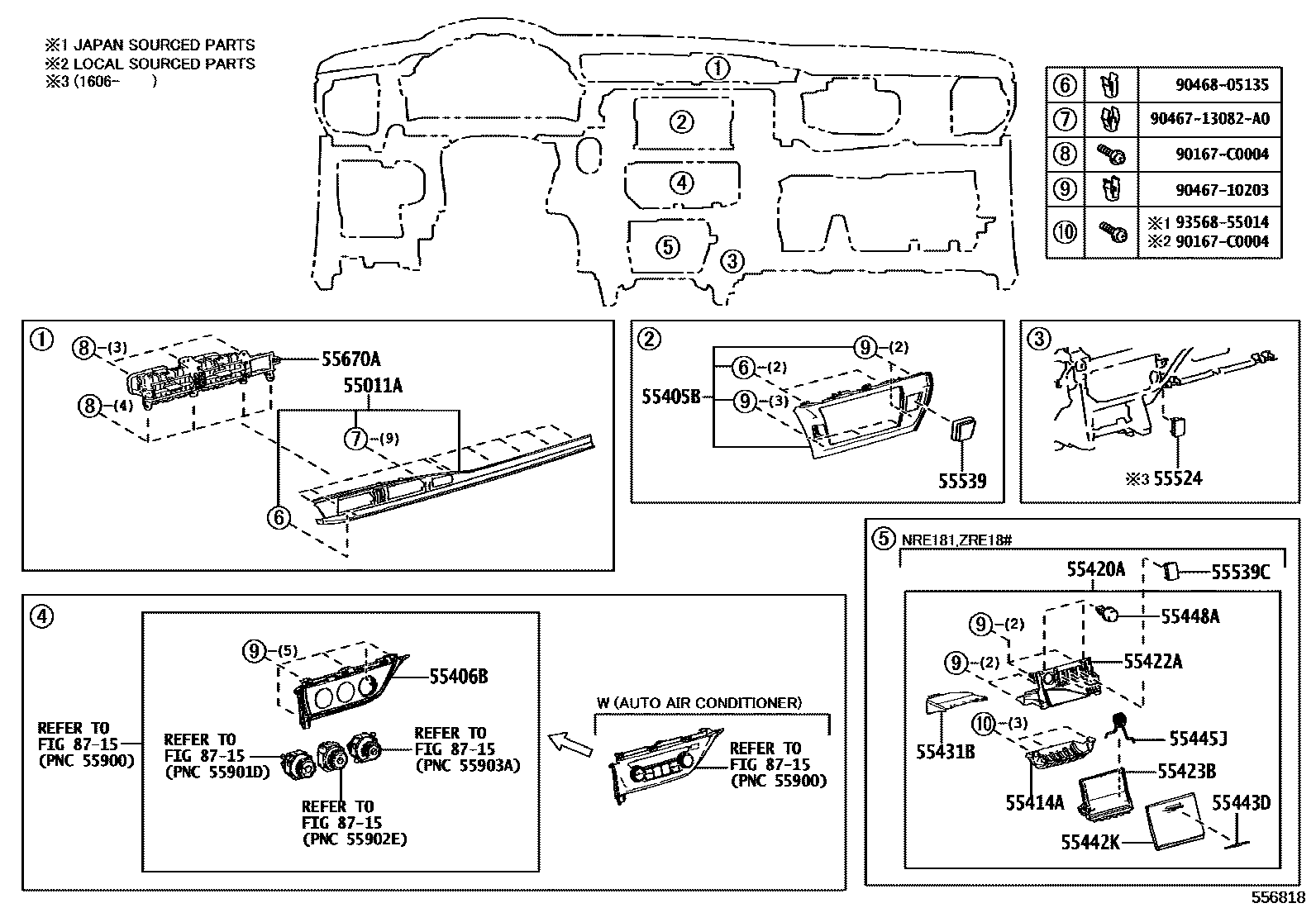 Toyota COROLLA 仪表板和手套箱 EPC diagram — 556818