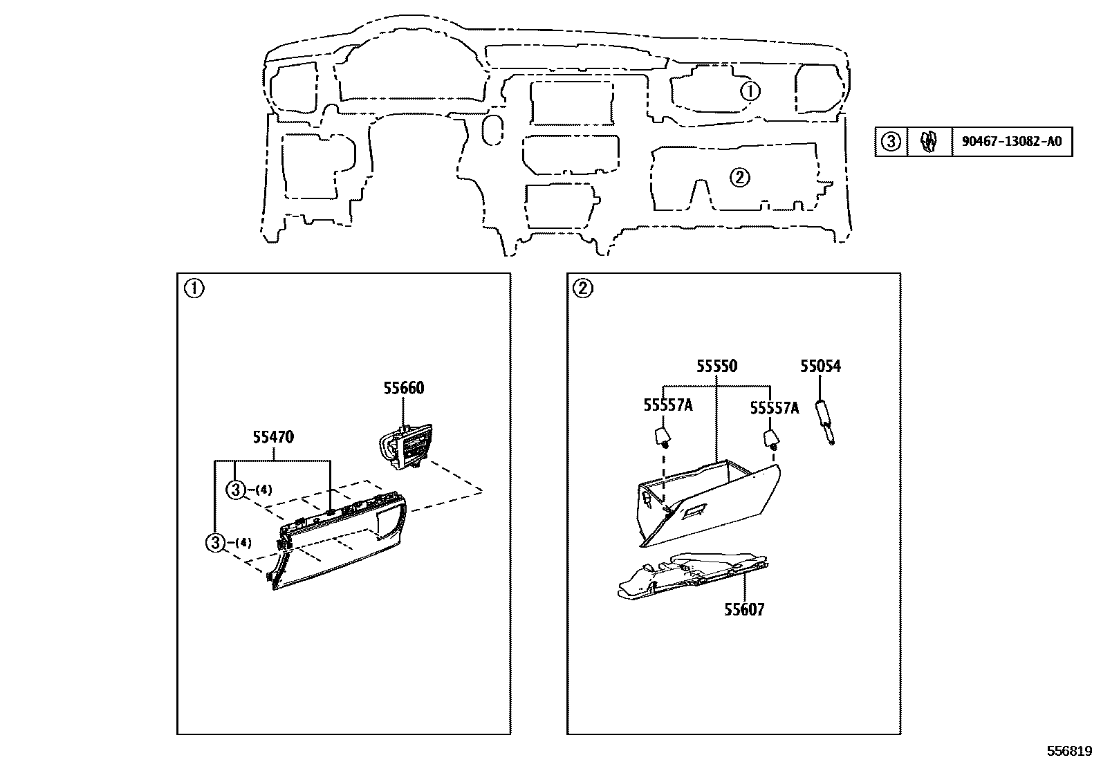 Toyota COROLLA 仪表板和手套箱 EPC diagram — 556819