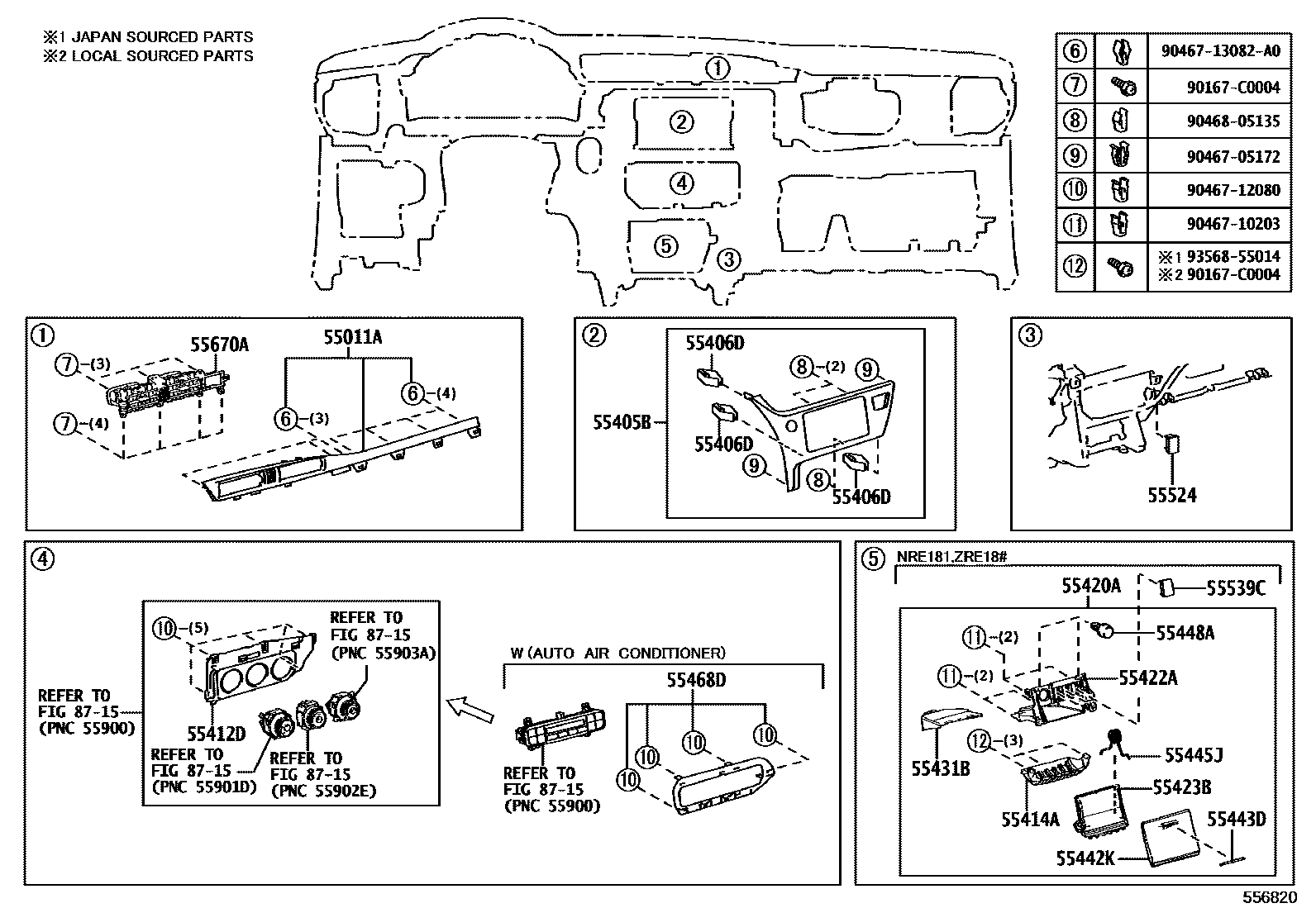 Toyota COROLLA 仪表板和手套箱 EPC diagram — 556820