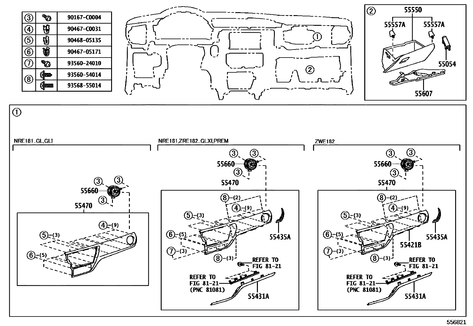 Toyota COROLLA 仪表板和手套箱 EPC diagram — 556821