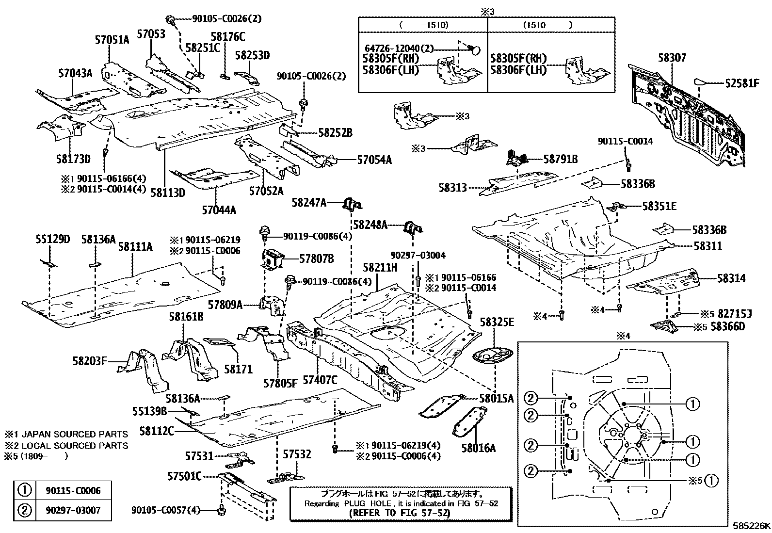 Toyota COROLLA 浅盘形地板和车身下背板 EPC diagram — 585226K