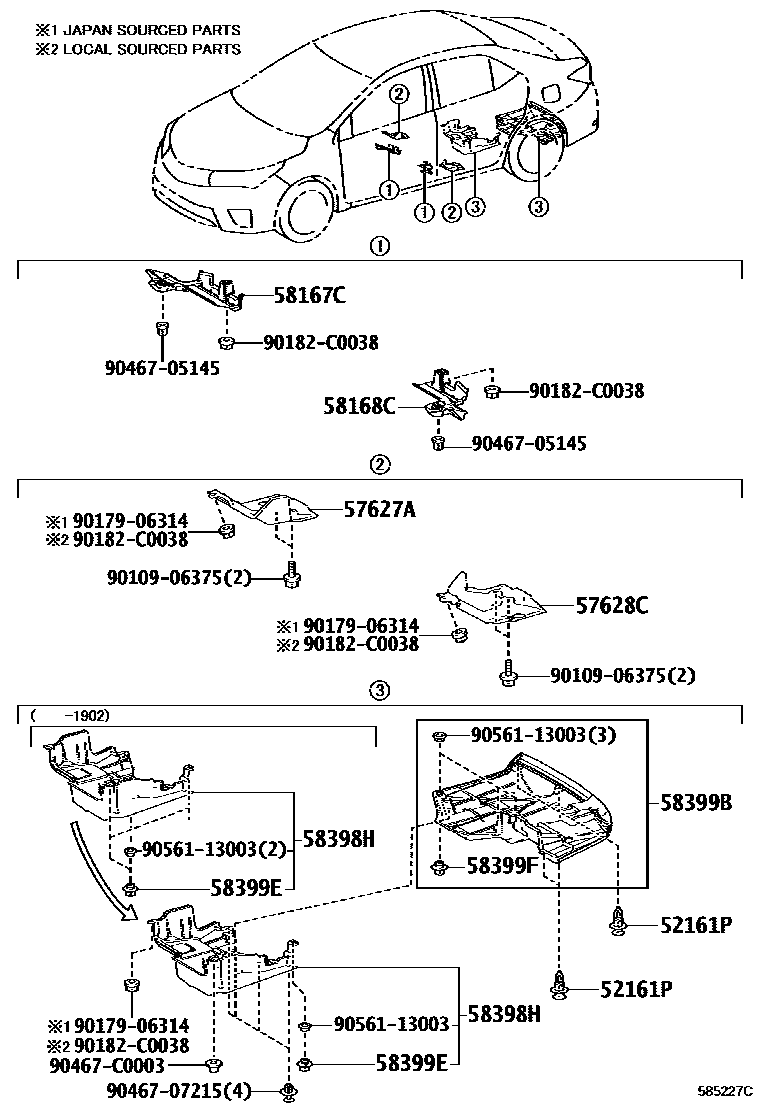 Toyota COROLLA 浅盘形地板和车身下背板 EPC diagram — 585227C