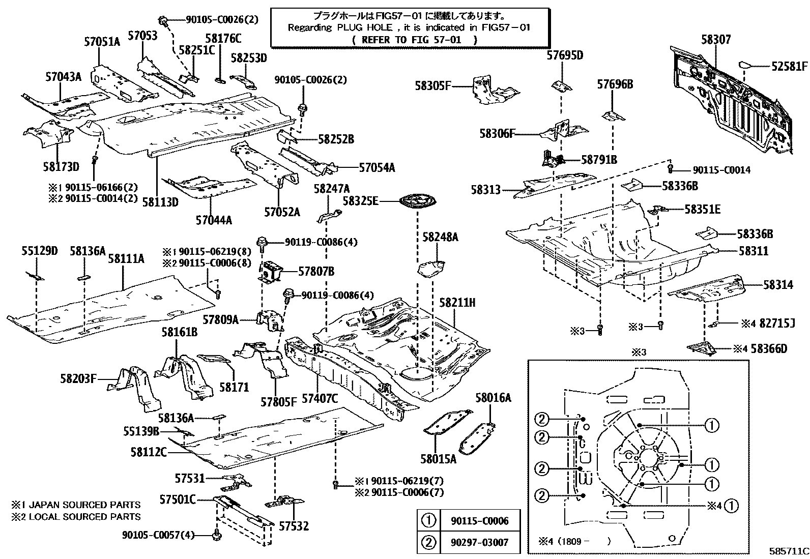 Toyota COROLLA 浅盘形地板和车身下背板 EPC diagram — 585711C